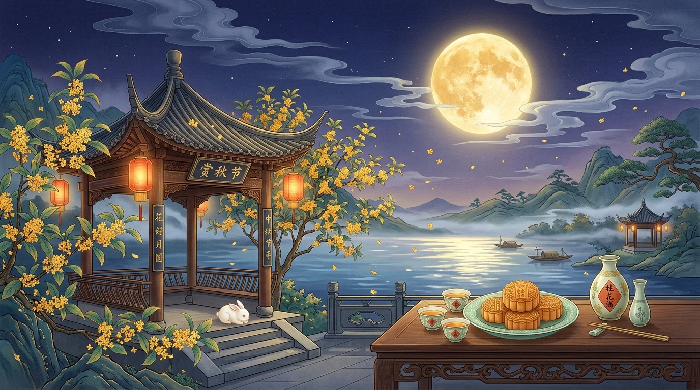 华夏中秋节岁时胜景：秋夕祭月、桂子飘香与金盘月饼团圆图